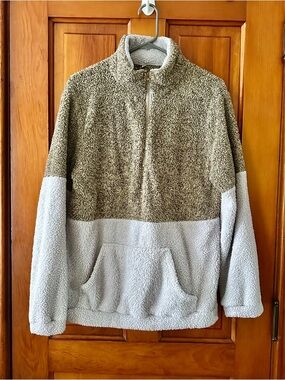 Women's Two-Tone Sherpa Zip-Up Pullover Sweater - Cream & Brown
